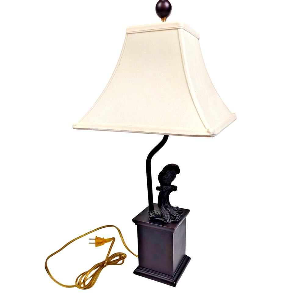22" Vintage Bronze Parrot Parakeet Figural Table Lamp w Square Shade Square Base